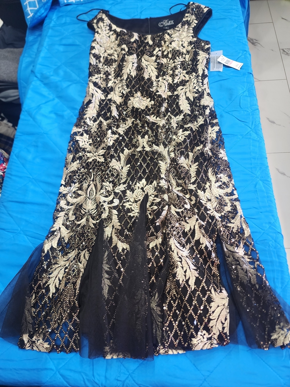 Alex Evenings Black and Gold Beaded Floral Evening Dress